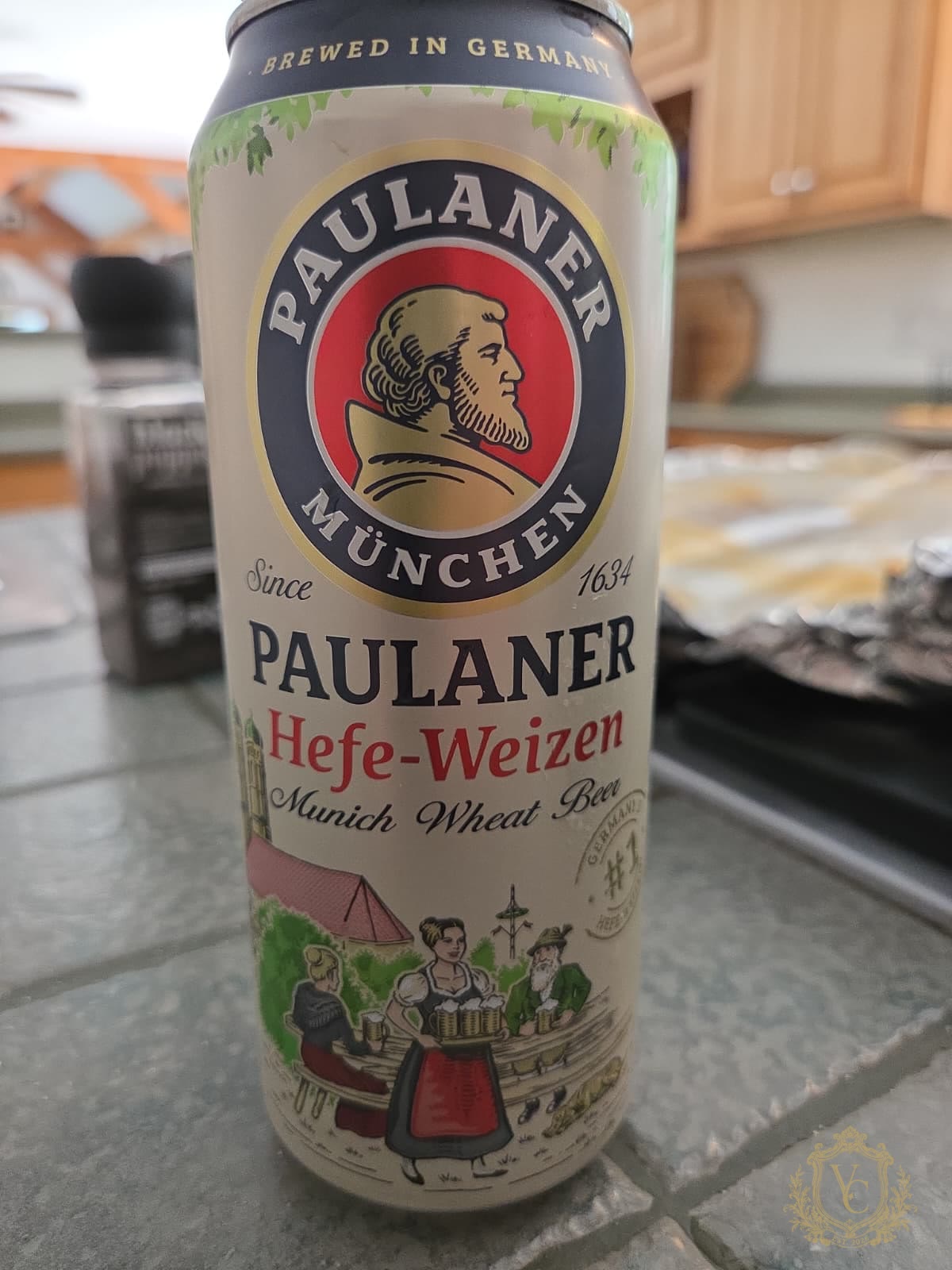 Paulaner Hefe-Weizen wheat beer used for southern German pork belly inspiration.