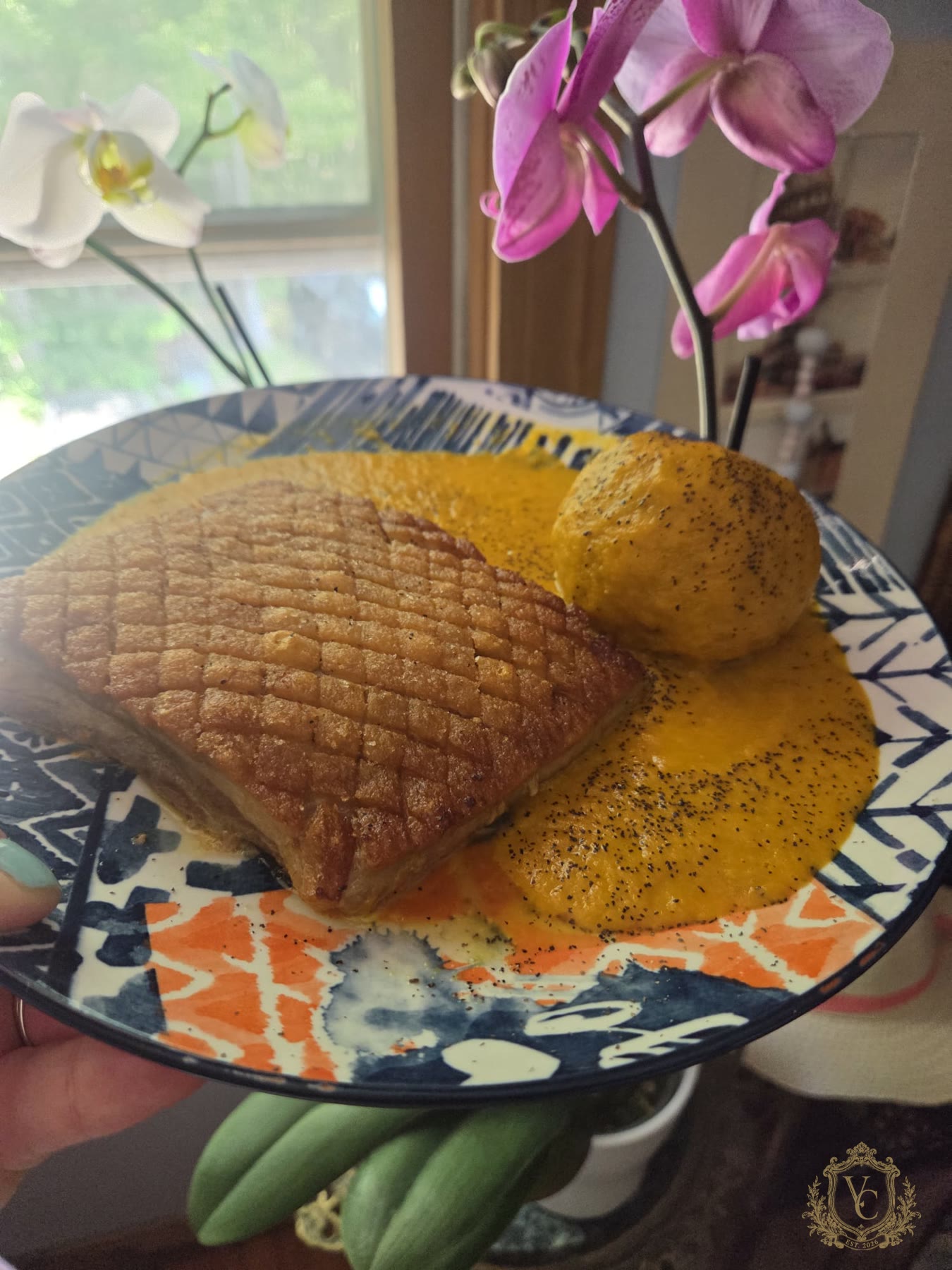 Finished pork belly plate with Yukon gold potato and sauce near a window.