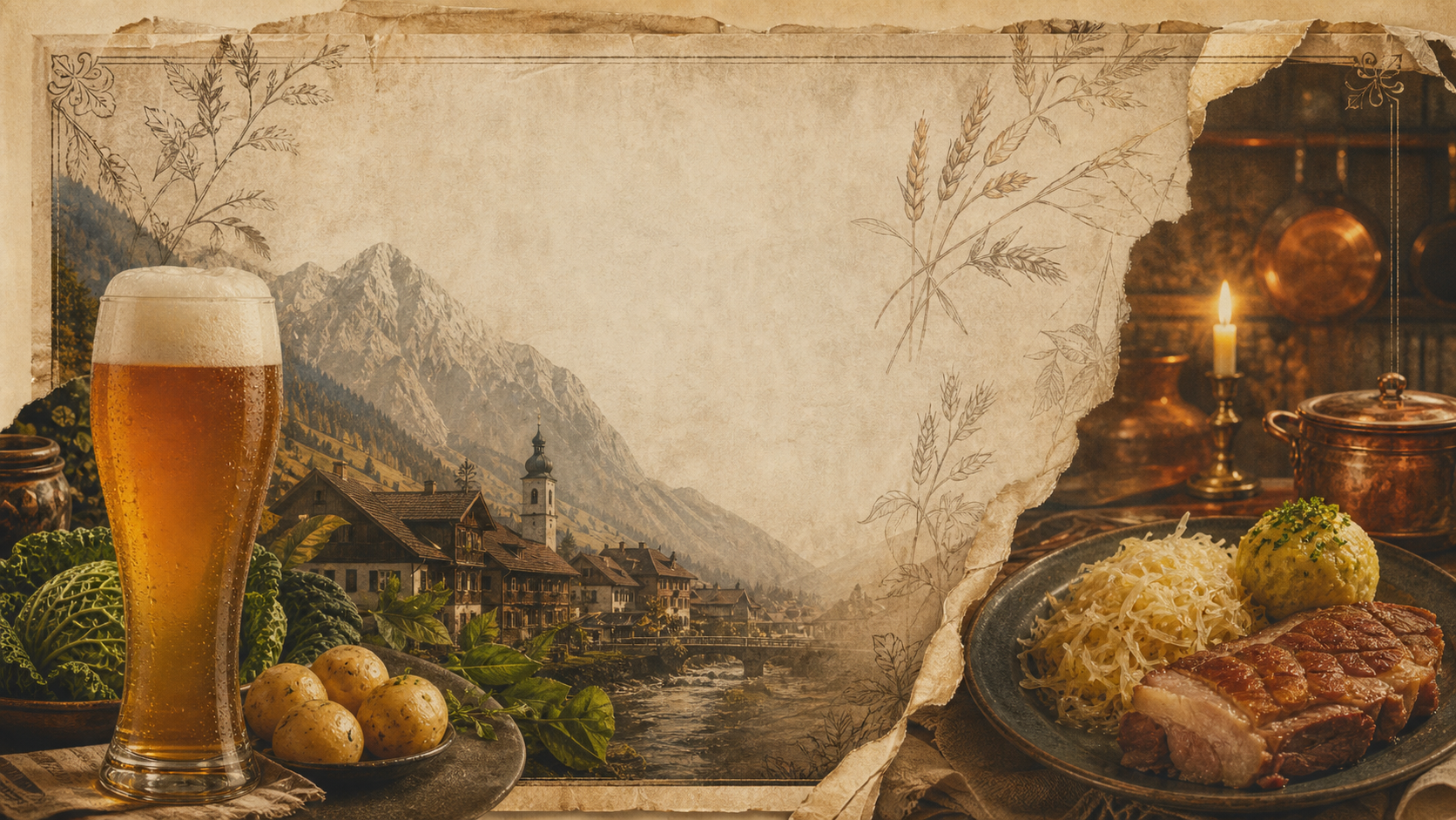 Vintage southern Germany inspired scrapbook art with wheat beer, potatoes, cabbage, alpine village, and warm kitchen details.